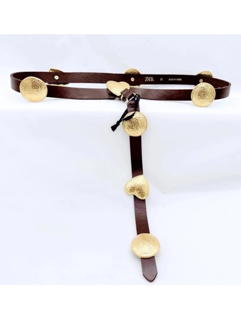ZARA Hammered Gold Heart Drop Belt Brown Leather Size 85 Statement Design NWOT M - Picture 3 of 15
